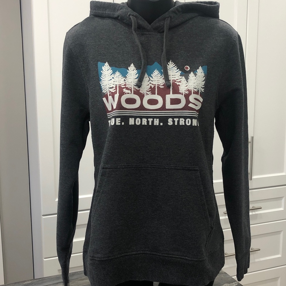 Woods Hoodie “True. North. Strong." Graphic – Women’s Medium – Dark Gray